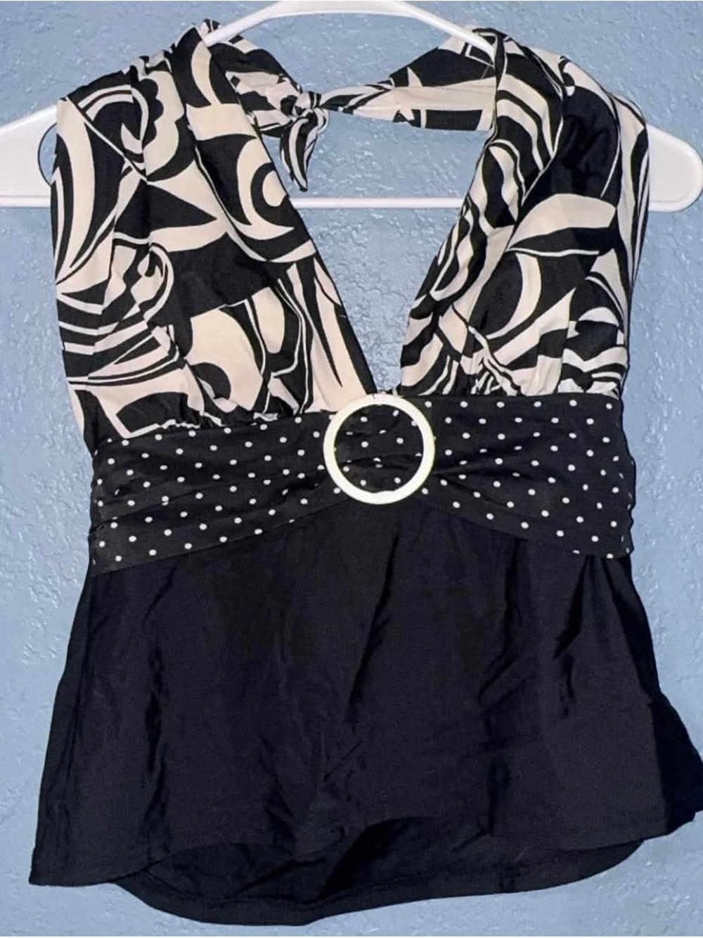 Black & Cream Polka-Waist Halter Swim Top